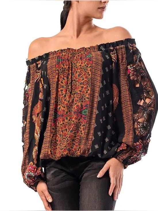 Desigual Tops - Desigual Off-Shoulder Boho Floral Patchwork Top in Black and Rust